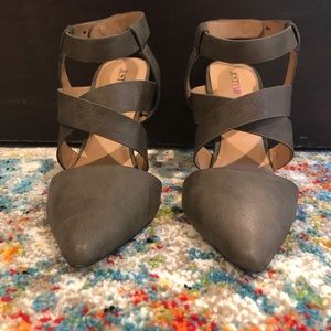 JustFab pointy toe, wrap around strap heels